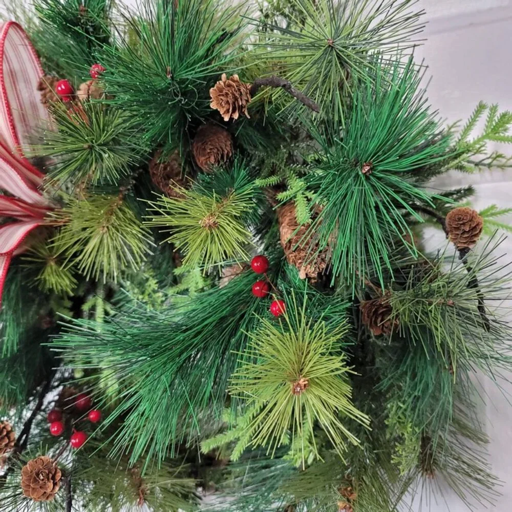 Mixed Pines Winter Wreath, Winter Season Red Berry Pine Farmhouse Rustic Wreath